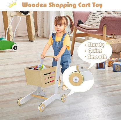 HONEY JOY Kids Grocery Store Playset, Wooden Grocery Store Pretend Play w/Cart, Cash Register Stand w/Coins, Chalkboard, Toddler Supermarket Play Toy for Boys Girls(Play Food Not Included)