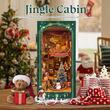 Christmas Book Nook Kit with LED Light - 3D Wooden Puzzles Booknook for Book Shelf Decor - DIY Dollhouse Kit - Book Nooks Decor with Dust Cover Jingle Cabin(SQ-34)