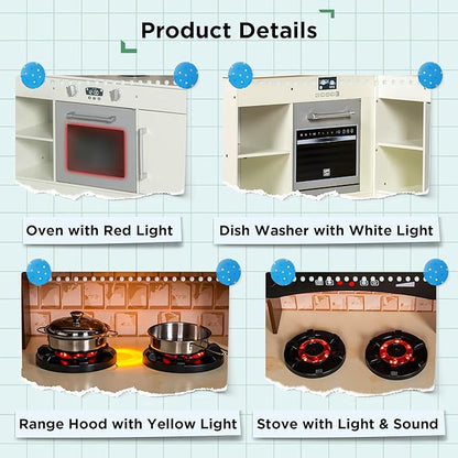 3-Piece Kids Kitchen Playset, Walk-in Wooden Play Kitchen Set for Toddlers, Modular Pretend Play Kitchen w/Light&Sound, Large Corner Kitchen Cooking Toy w/Coffee Capsule, Gift for Girls Boys