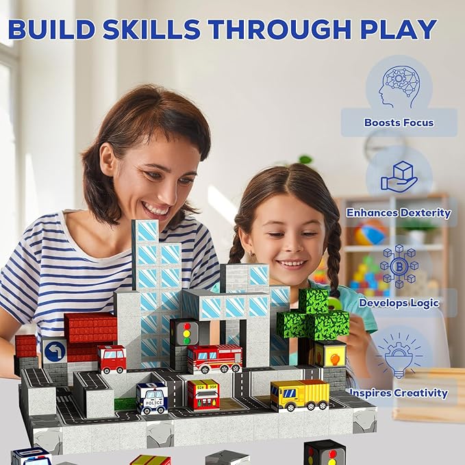 3D Magnetic Blocks 100 Pieces for Kids Magnet Cubes, Sensory Construction Building Toys for Toddlers, Magnetic Tiles City Road Cars Stacking Toys Games for Ages 3-12