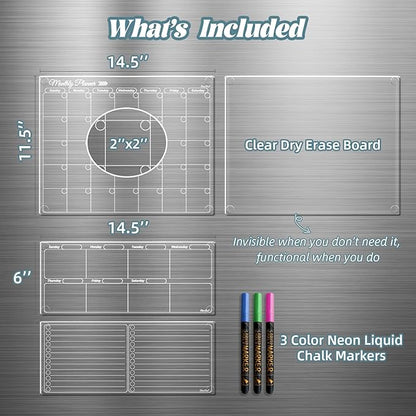 Clear Non-Magnetic Calendar Set for Fridge - Dry Erase Transparent Monthly and Weekly Calendar, List and Blank Whiteboard - Sticks to Wall, Glass, Door, Any Smooth Surfaces