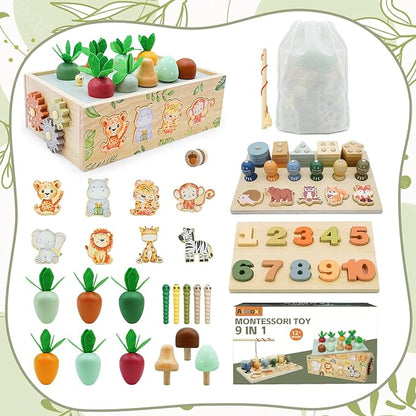 Montessori Wooden Toys for 1+ Year Old, 9 in 1 Montessori Toddler Toy with Preschool Educational Toys for 2+ Year Old, Birthday for Boys Girls Aged 1 2 3 4 Years