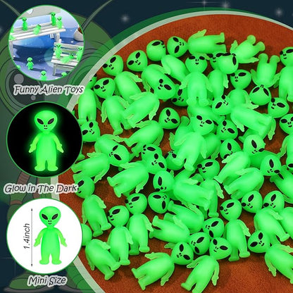 100 Pcs Mini Alien Figures Glow in The Dark Small Little Tiny Aliens Figurine to Hide and Seek for Space Party Favors Prank Rubber Toys Bulk Gifts for Halloween Party Goodie Bag Fillers