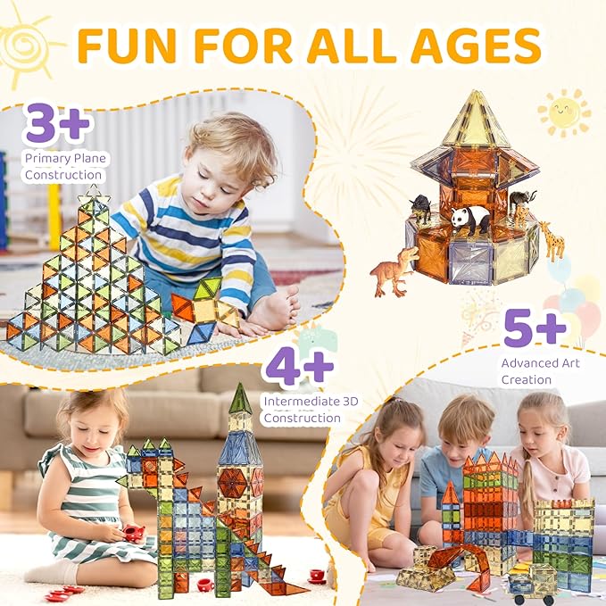 120 PCS Magnetic Tiles, Diamond Magnet Tiles with 2 Cars Magnetic Blocks STEM Toys 3D Kids Preschool Educational Sensory Toys Gift for Toddlers Kids Boys Ages 3 4 5 6 7 8 9+ Year Old