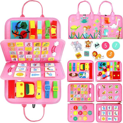 Qizfun Busy Board Montessori Toy for Toddlers, Educational Sensory Learning Toy for Fine Motor Skills, Preschool Travel Toy for Airplane & Car, Gifts for Boys and Girls (Pink/P4)