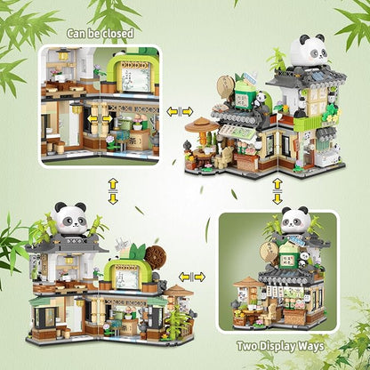 Street View Tea Shop Mini Building Blocks Set, Cute Panda Animals Building Toys Girls 6-12, Simulation Architecture Construction Toy, Birthday Gift for Kids Adults (860PCS)