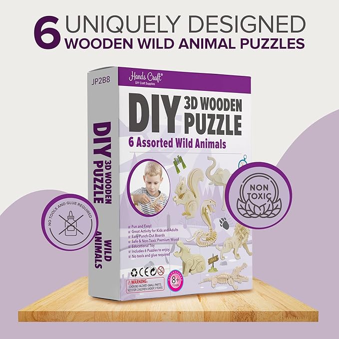 Hands Craft DIY 3D Wooden Puzzle – 6 Assorted Wild Animals Bundle Pack Set Brain Teaser Puzzles Educational STEM Toy Adults and Kids to Build Safe and Non-Toxic Easy Punch Out Premium Wood JP2B8