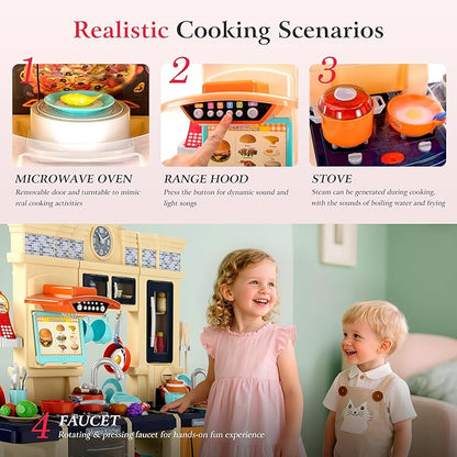 【2025 Upgraded】 Kitchen for Kids Interactive Play Kitchen for Kids Toddlers-Lightweight Easy-Install Pretend Kitchen with Tablet Ordering, Music, Lights Sounds, Steam Stove, Sink & Dishwasher(Blue)