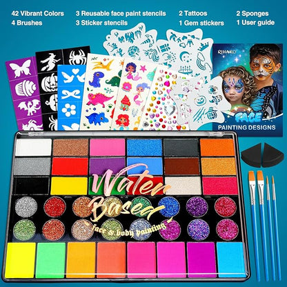 Face Painting Kit for Kids - 42 Colors Professional Face Paint Kit,Non-Toxic face Paint With Stencils, Brush, Gems. For Carnival, Halloween, Costume Makeup and Any Creative Activity with Kids