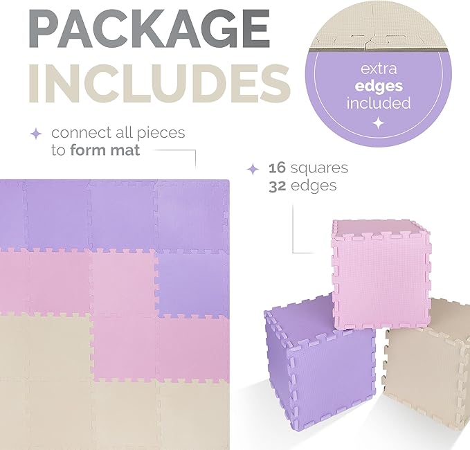 TOYVELT Ultimate Foam Play Mat Set 12x12-16 Interlocking Floor Tiles for Kids - Non Toxic, Colorful Foam Puzzle Mats - Safe and Durable - Ideal Play Mat for Toddlers 1-3 - Pink-Purple-Beige