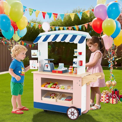 HONEY JOY Kids Food Cart, 30-Piece Toddler Pretend Play Grocery Store Playset w/Cash Register & Scale, Wooden Dessert Shop Play Market, Children Beverage Stand Cart w/Wheels, Gift for Boys Girls