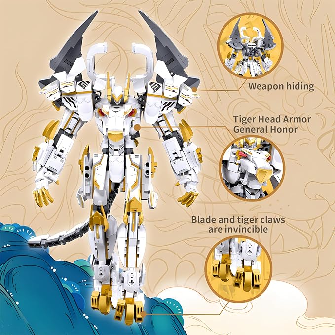 White Tiger Samurai mech Robot Model with Double Axe Head Building Blocks Toy Set Mythical Birthday for Age 8+ Children Adults Teens 679 Pieces