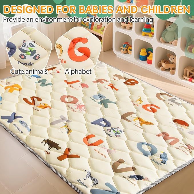 Baby Play Mats for Floor - 47”x47” Baby Play Mat - Playmat for Baby and Toddlers Infants - Thick Tummy Time Floor Mat & Machine Washable - Animals Alphabet