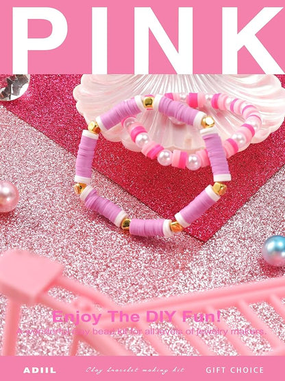 ADIIL 7200pcs Clay Beads Bracelet Making Kit, 6mm Polymer Heishi Beads for Jewelry Making, Friendship Bracelet Kit Birthday Gift for Adults Hot Pink