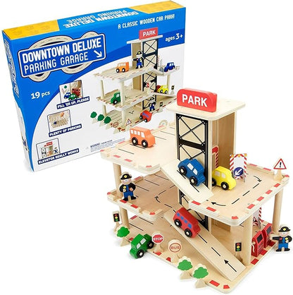 Imagination Generation Downtown Deluxe Wooden Parking Garage Ramp & Service Station Playset with Elevator, Signs & Accessories for Mini Toy Cars (19 pcs)