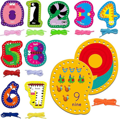 10 Pieces Number Lacing Cards, 0-9 Double Sided Sewing Cards with 10 Colorful Laces, Imagination Development Lacing Toys Games for Children Educational and Learning Activity