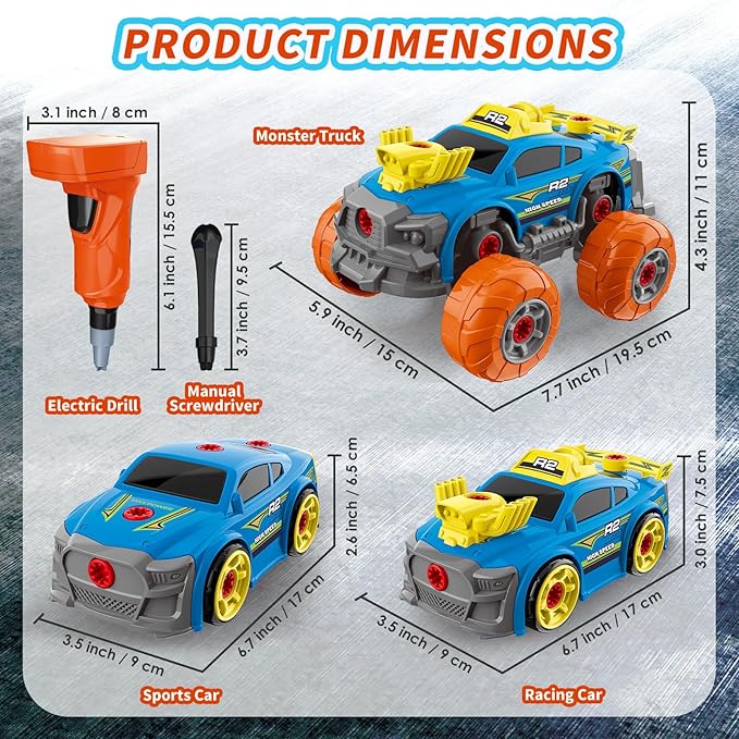 3-in-1 Construction Car for Boys Ages 3+ Years Old, Take Apart Car with Electric Drill, 46 Pcs Cars Building Kit, Build Your Own Toy Cars with Tools, Ideal STEM Present for Kids Children(Blue)