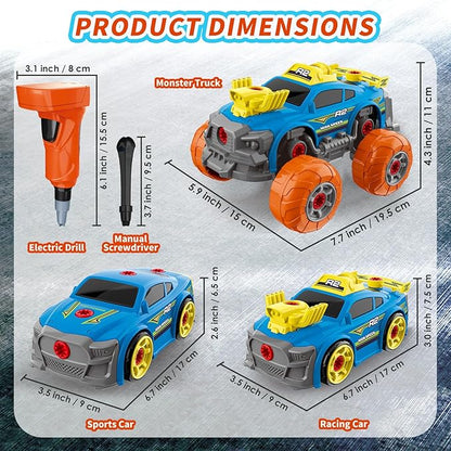 3-in-1 Construction Car for Boys Ages 3+ Years Old, Take Apart Car with Electric Drill, 46 Pcs Cars Building Kit, Build Your Own Toy Cars with Tools, Ideal STEM Present for Kids Children(Blue)