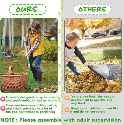 2Pcs Kids Rake Garden Tool Set Toy,Child Size Lawn Small Rakes and Garden for Leaves,Wooden Gardening Toy Rakes with Detachable Handles Outdoor Toys Gift for Boys and Girls (Green+Yellow)