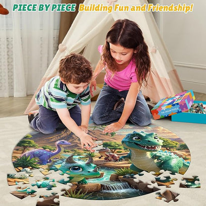 ELX 70 Piece Large Dinosaur Floor Puzzle for Kids Ages 5-8,United States Map & Dino Jigsaw Puzzles, Double-Sided Round Puzzles for Toddlers, Educational Toys for Boys & Girls (22.5 Inch)