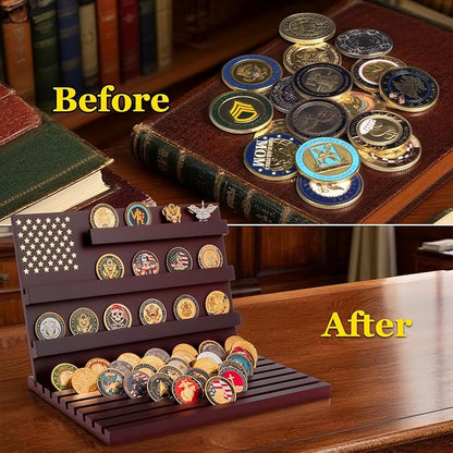 Challenge Coin Display Stand - 11 Rows Military Coins Holder Rack, Wooden Coin Collection Case for Table Top Display