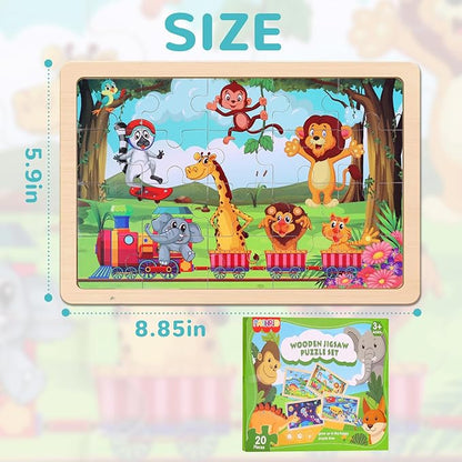 Wooden Educational Jigsaw Puzzles for Preschool Kids Ages 3-5, 4-Pack with 20 Pieces Dinosaur, Space, Transportation Wood Puzzles Set, Toddler Brain Teaser Toys, Gifts for Boys Girls Ages 3 4 5 6