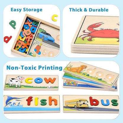 Atoylink Wooden Spell Learning Toys for 2 3 4 5 Year Old Kids Match Letter Spelling Game Board & Letters & Box, CVC Word Builder Toddler Educational Toy Kindergarten Preschool Learning Activities