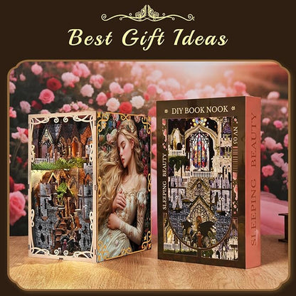 Book Nook Kit - DIY Doll House Booknook, Book Nook Miniature Kit for Bookshelf Doll Houses for Adults Teen Halloween, 3D Wooden Puzzle Bookends with Led Light and Dust Cover (Sleeping Beauty)
