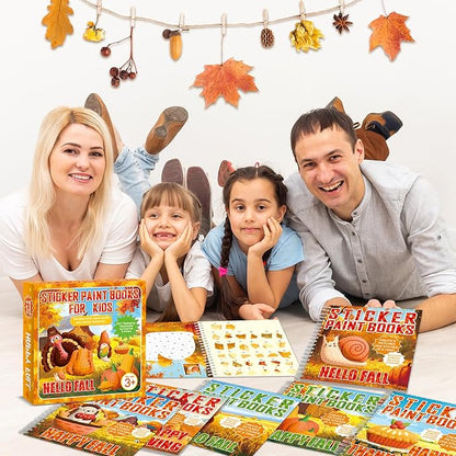 6PCS Thanksgiving Paint by Sticker Books Crafts for Kids Ages 4-8 Fall Activity Books with Turkey Pumpkin 48 Pictures