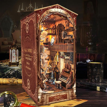 Book Nook Kit, DIY Dollhouse Booknook Bookshelf Insert Decor Alley, DIY Book Nook Miniature Kit with Lights, 3D Wooden Puzzle Decorative Bookend Miniature Model Kits for Adults