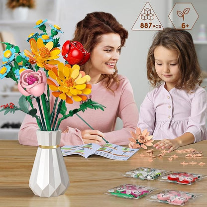 Flowers Bouquet Building Set, 887 Pcs with Flower Artificial Roses for Home Office Decoration, Gift for Mother's Day, Valentine's Day and Kids 6+/Adults Birthday