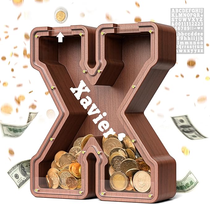 Summidate Wooden Letter Piggy Bank, Extra Thick Large Capacity Piggy Bank for Kids Boys Girls Toddler, Alphabet X Money Bank| Coin Box Birthday, Christmas, Festival