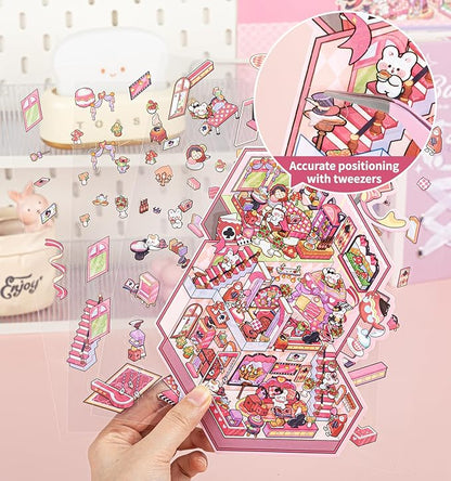 DIY 3D House Stickers, 4 Sets Fun DIY Stickers Scene Make Your Own Mini House Cute Cartoon Animal Scene Stickers for Kids Adult Sticker Art Relief Stress Pass The Time-Large Size