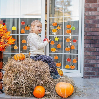 20 PCS Pumpkin Thick Gel Clings Fall Window Decorations Maple Leaves Glass Window Sticker Thanksgiving Decals Stickers for Kids Toddlers Home Airplane Autumn Thanksgiving Harvest Party Supplies