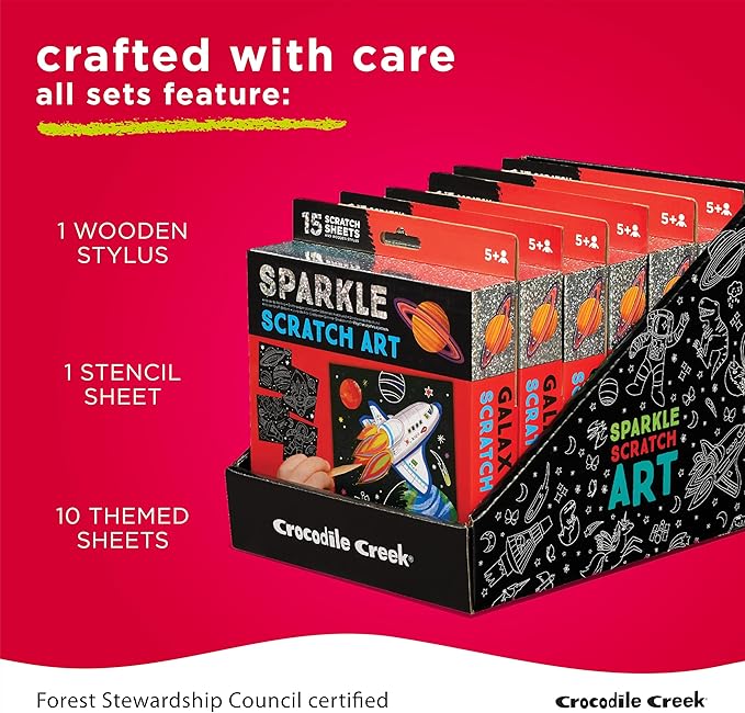 Crocodile Creek Magical Friends Sparkle Scratch Art for Kids - 16-Sheet Scratch Art Set with 10 Themed Sheets, 5 Blank Sheets, Stencil, and Stylus - Thoughtful Stocking Stuffers, Art Supplies for Kids