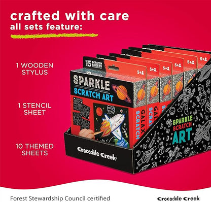 Crocodile Creek Magical Friends Sparkle Scratch Art for Kids - 16-Sheet Scratch Art Set with 10 Themed Sheets, 5 Blank Sheets, Stencil, and Stylus - Thoughtful Stocking Stuffers, Art Supplies for Kids