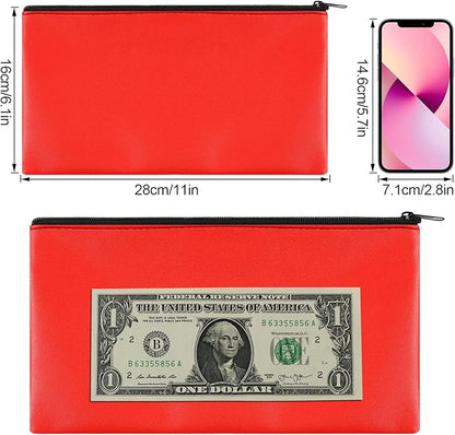 4Pack Money Bag 11 X 6 ", Safe Durable Money Bags with Zipper for Cash Waterproof, Coin Money Pouch PU Leather Bank Bag, Bank Bags with Zipper for Checks Makeup Bills Receipts Tool Storage Bag (Red)
