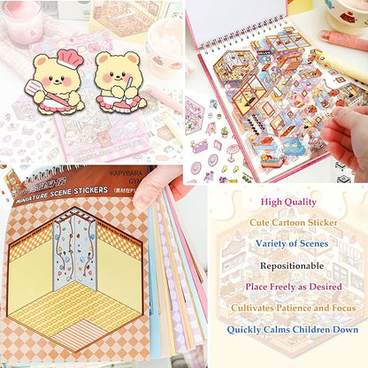 Scene Sticker Book for Kids, 20 Sets of 3D Sticker Scenes for Adults Fun Mini Cute Kawaii Stickers Therapy 3D Scenes 3D House Stickers Set Relief Stress Pass The Time