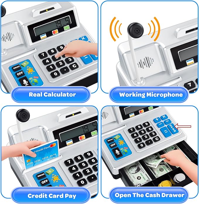 Calculator Cash Register - 103 Pcs Toy Cash Register, Store Set with Microphone, Credit Card and Banking for Kids, Toddler Math Learning Toys, Preschool Gifts for 3, 4, 5, 6, 7, 8+ Years Old Boy Girl
