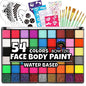 Bowitzki Face Paint Kit with 54 Colors, 8 sheets Stencils, 2 Glitters,10 Brushes, 1 Sheet Gems, Water Based Face Painting Kit, Safe Professional Halloween Party Makeup Set