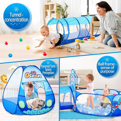 3 in 1 Kids Play Tent with Play Tunnel, Ball Pit, Projection Flashlight for Boys & Girls, Toddler Pop Up Playhouse Toy for Baby Indoor Outdoor