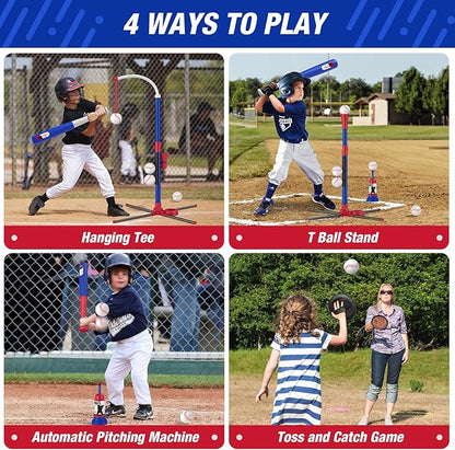 4 in 1 T Ball Sets for Kids 3-5 with Toss and Catch Ball Set, Hanging Tee Stand with Auto Pitching Machine/ 2 Bats, Indoor Outdoor Toys Birthday Baseball Gifts for Toddler Boys Girls, Blue