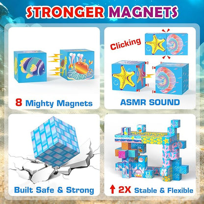 Magnetic Building Blocks Set, 140PCS Light-Up Undersea Kingdom Magnetic Tiles & Magnet Cubes, STEM Montessori Construction Toys for Boys & Girls Age 3 4 5 6 7 8, 2025 Upgraded Christmas Birthday Gift