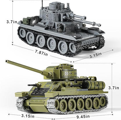 WW2 Army Tanks Toy Building Sets (1008 Pieces) Compatible with Lego, Create a Soviet T-34 & German Panzer 38(t) Tank, Great Military Model Toys Gift for Boys, Kids, and Teens Age 8+