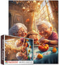 Happy Elderly Couple Playing Poker with Grandson 1000 Piece Jigsaw Puzzle for Adults Students Colorful Cards Fruit Living Room with Chandeliers Sunlight Large Windows 20×27 Inches Fun Home Decor
