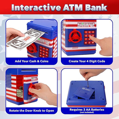 USA Toyz All-American Electronic Piggy Bank for Kids - ATM Kids Money Safe, Coin Bank Savings Box with Auto Bill Feeder Coin Slot, LED Lights, 4-Digit Password, Voice/Beep Modes, Ages 3+