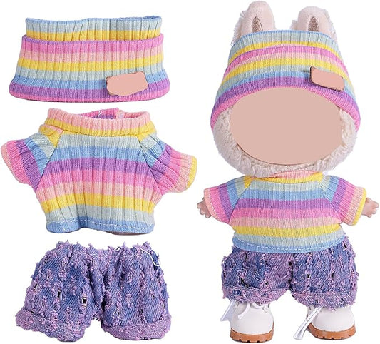 Clothes for 17cm Doll (NO Doll),Adorable Outfit ，Handcrafted Clothes Set with Dress Up ,Ropa Accessories Hat + Sweater + Pants (Rainbow + Purple)