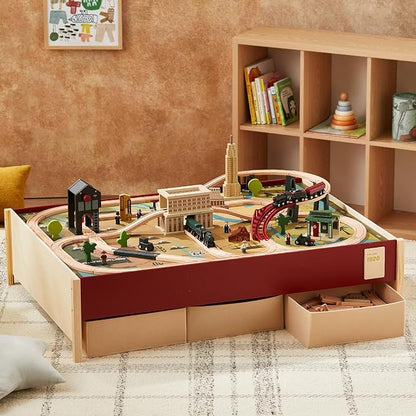 Tiny Land Large Wooden Train Table (47.9”x35.2”), 100PCS Train Set, 3 Storage Bins, Activity Playset for Kids Ages 3+