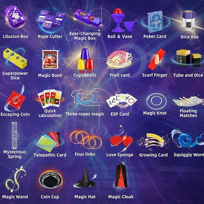 Magic Tricks Kit, 30 in 1 Magic Tricks Set for Kids Age 6 7 8 9 10 11 12, Magician Costume for Pretend Play & Step-by-Step Video Instruction for Beginners, Christmas Halloween Birthday Gifts for Kids