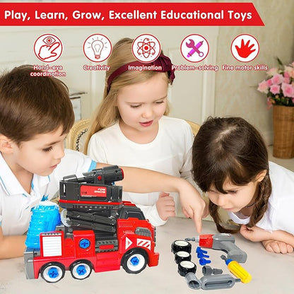 11inches Large Take Apart Toys Fire Truck for Boys Girls Kids 3-5 6-8 Year Old Fire Rescue Vehicles with Electric Drill Set Assembly Toy Learning Educational Toys